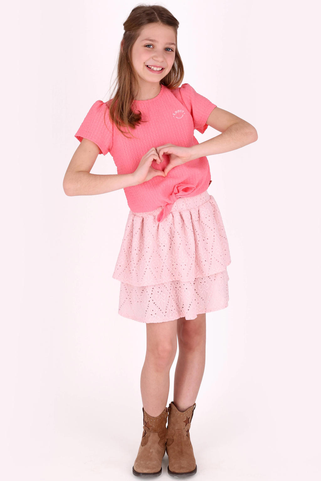Roze meisjes B.Nosy blousetop van polyester met effen, korte mouwen, ronde hals, haaksluiting en knoopdetail