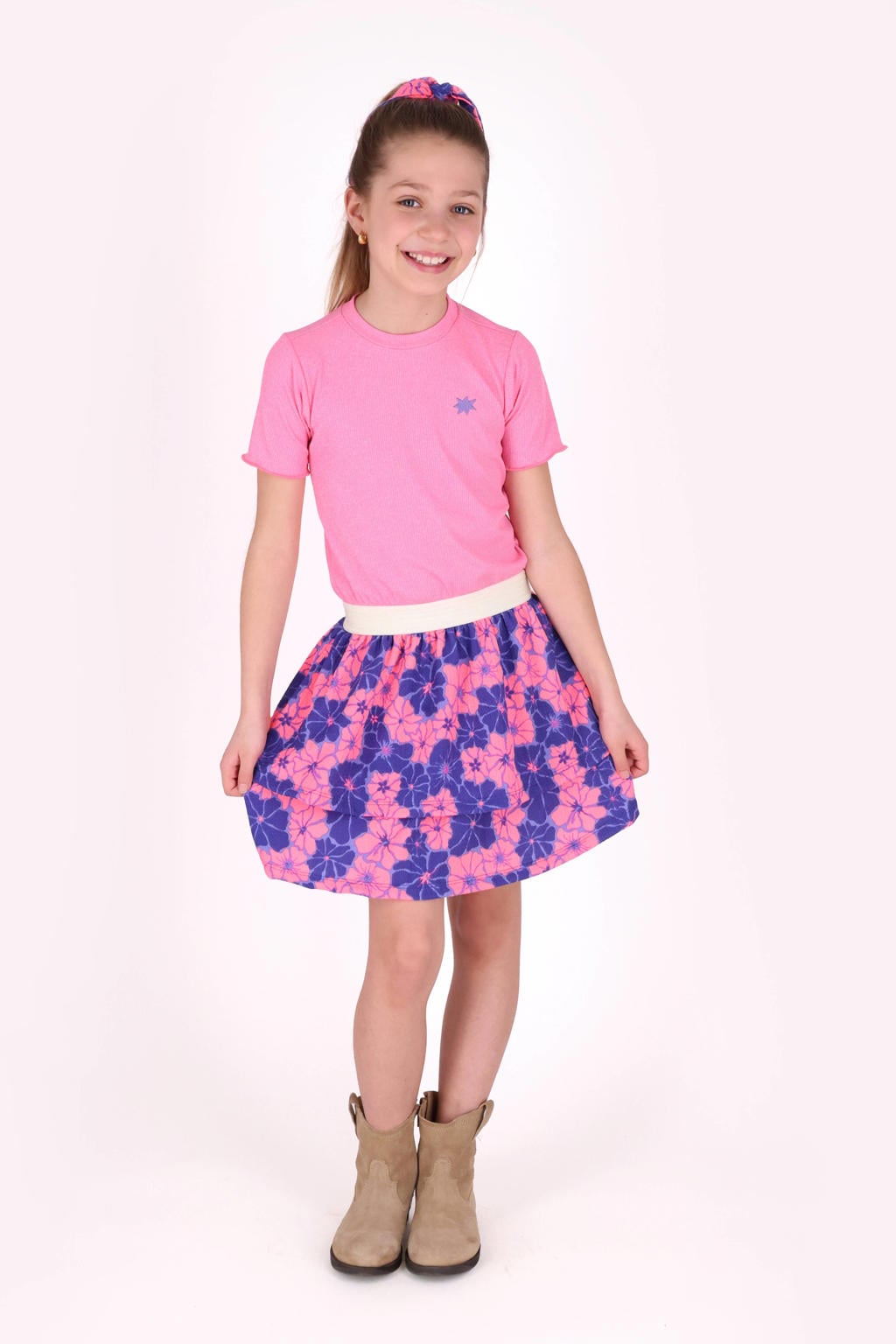 Roze en blauwe meisjes B.Nosy midi jurk van polyester met V-hals en elastische tailleband