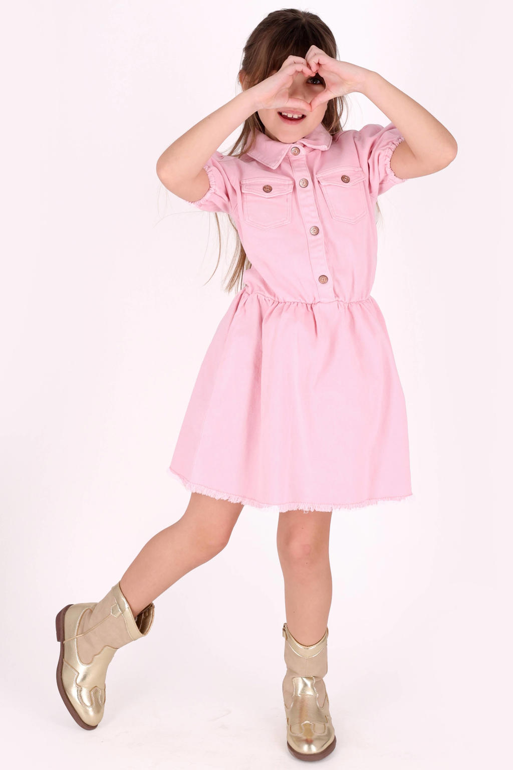 Roze meisjes B.Nosy spijkerjurk van stretchdenim met korte mouwen, ronde hals, elastische tailleband en rafels