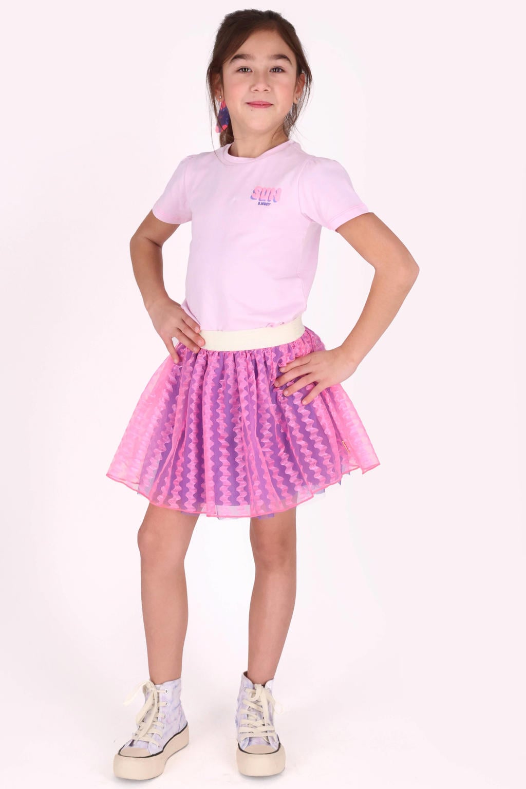 Roze meisjes B.Nosy T-shirt van stretchkatoen met backprint, korte mouwen en ronde hals