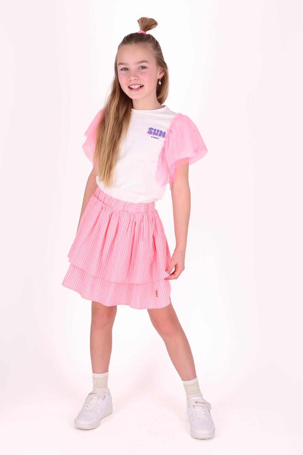 Wit en roze meisjes B.Nosy T-shirt van stretchkatoen met meerkleurige print, korte mouwen, ronde hals en ruches