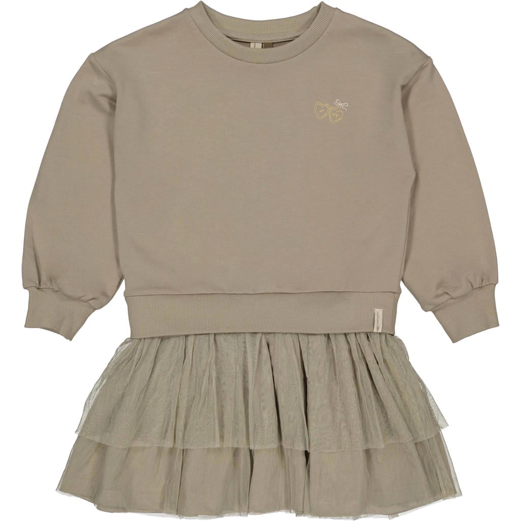 Taupe meisjes LEVV Little korte jurk van katoen met effen, lange mouwen, ronde hals en semi-transparante details