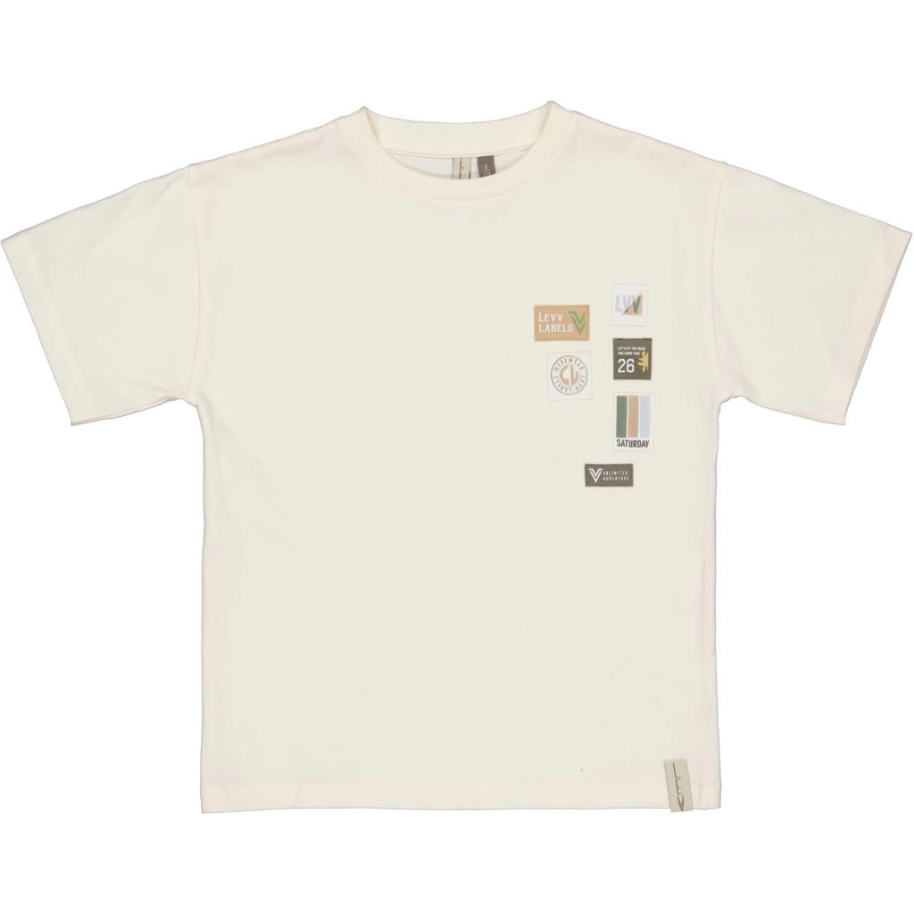 Ecru jongens LEVV Little T-shirt van katoen met printopdruk, korte mouwen en ronde hals