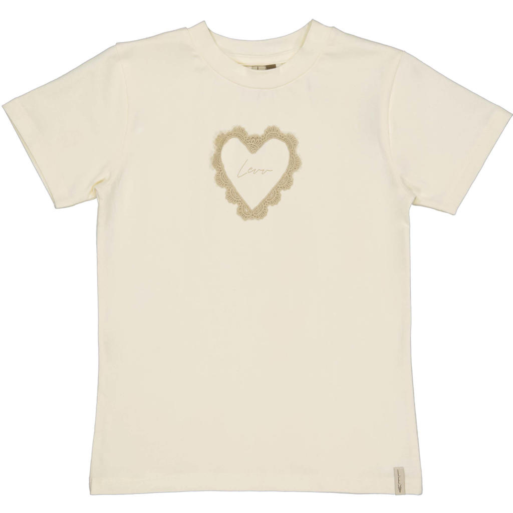 Ecru meisjes LEVV Little T-shirt van stretchkatoen met effen, korte mouwen, ronde hals en borduursels