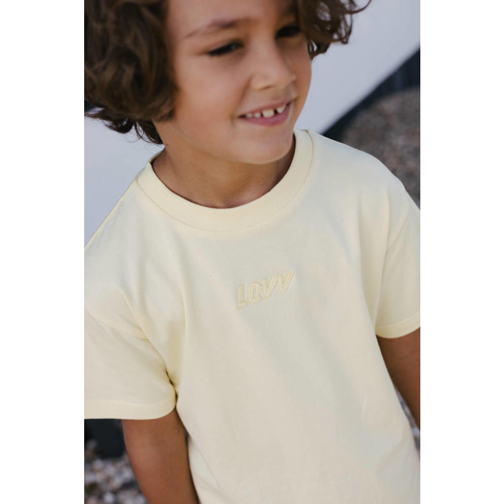 Lichtgele jongens LEVV Little T-shirt van stretchkatoen met backprint, korte mouwen en ronde hals