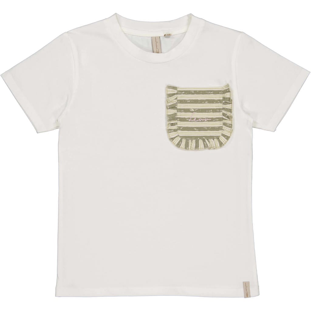 Witte meisjes LEVV Little T-shirt van stretchkatoen met effen, korte mouwen, ronde hals en geweven detail