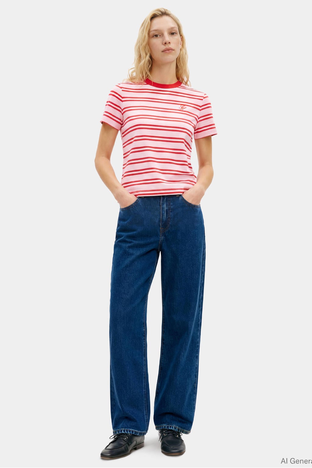 Roze en rode dames Tommy Hilfiger gestreepte T-shirt van katoen met korte mouwen en ronde hals