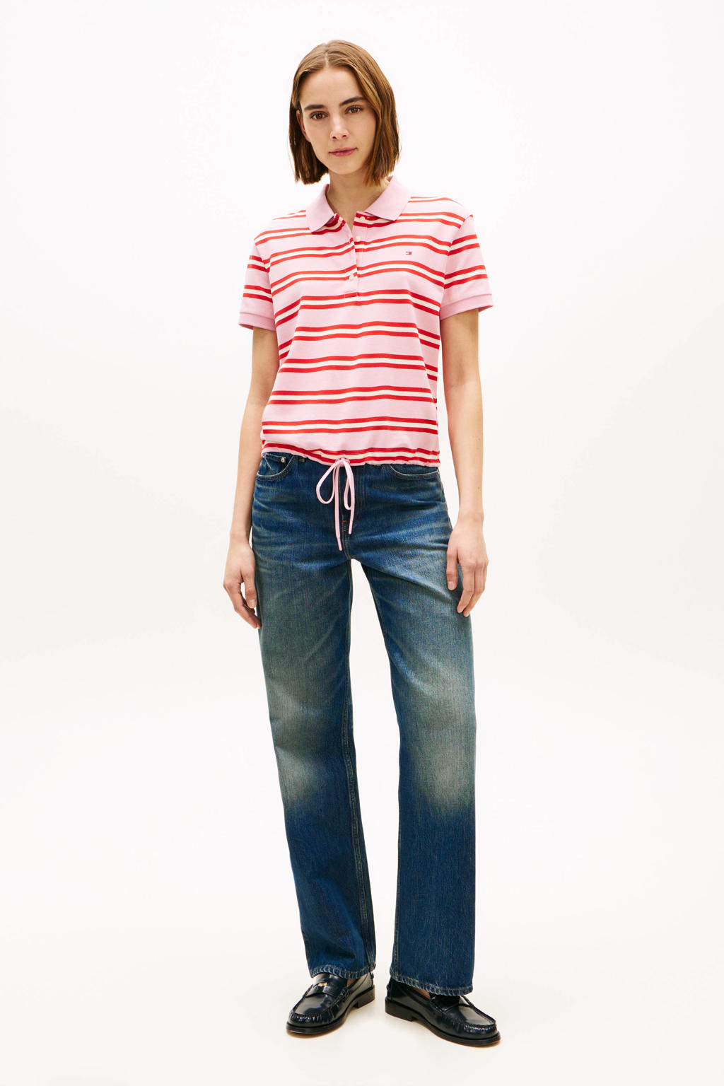 Roze en rode dames Tommy Hilfiger gestreepte top met korte mouwen en polo kraag