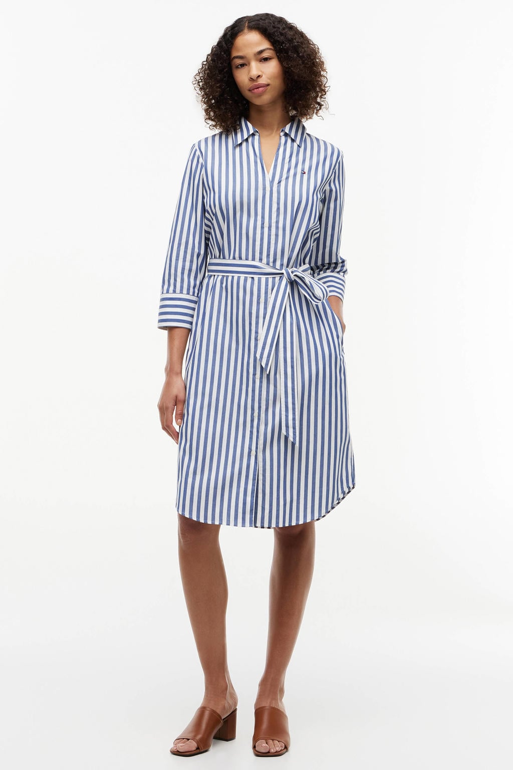 Blauw en witte dames Tommy Hilfiger gestreepte blousejurk van katoen met driekwart mouwen en klassieke kraag