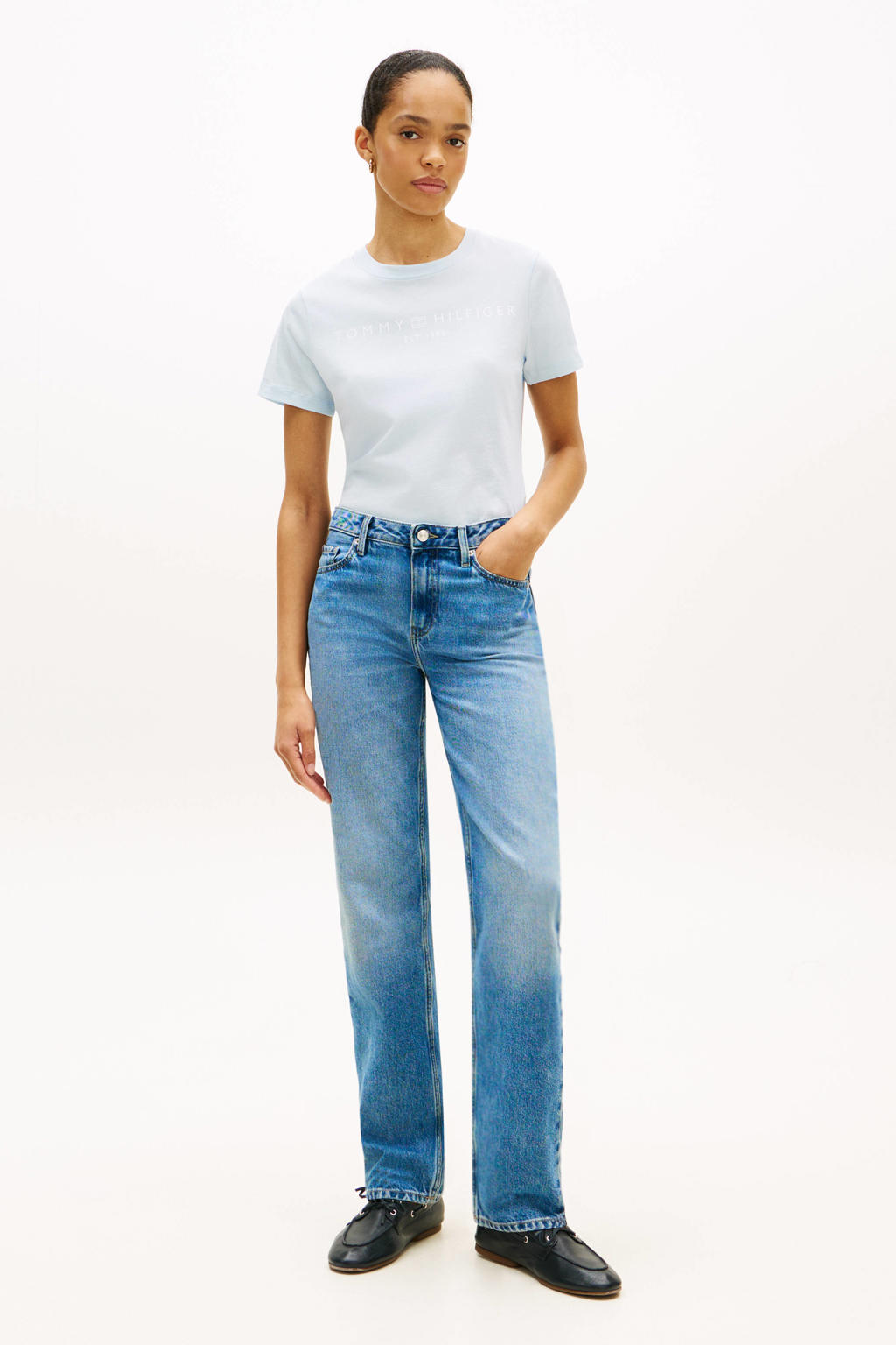 Lichtblauwe dames Tommy Hilfiger T-shirt van katoen met printopdruk, korte mouwen en ronde hals