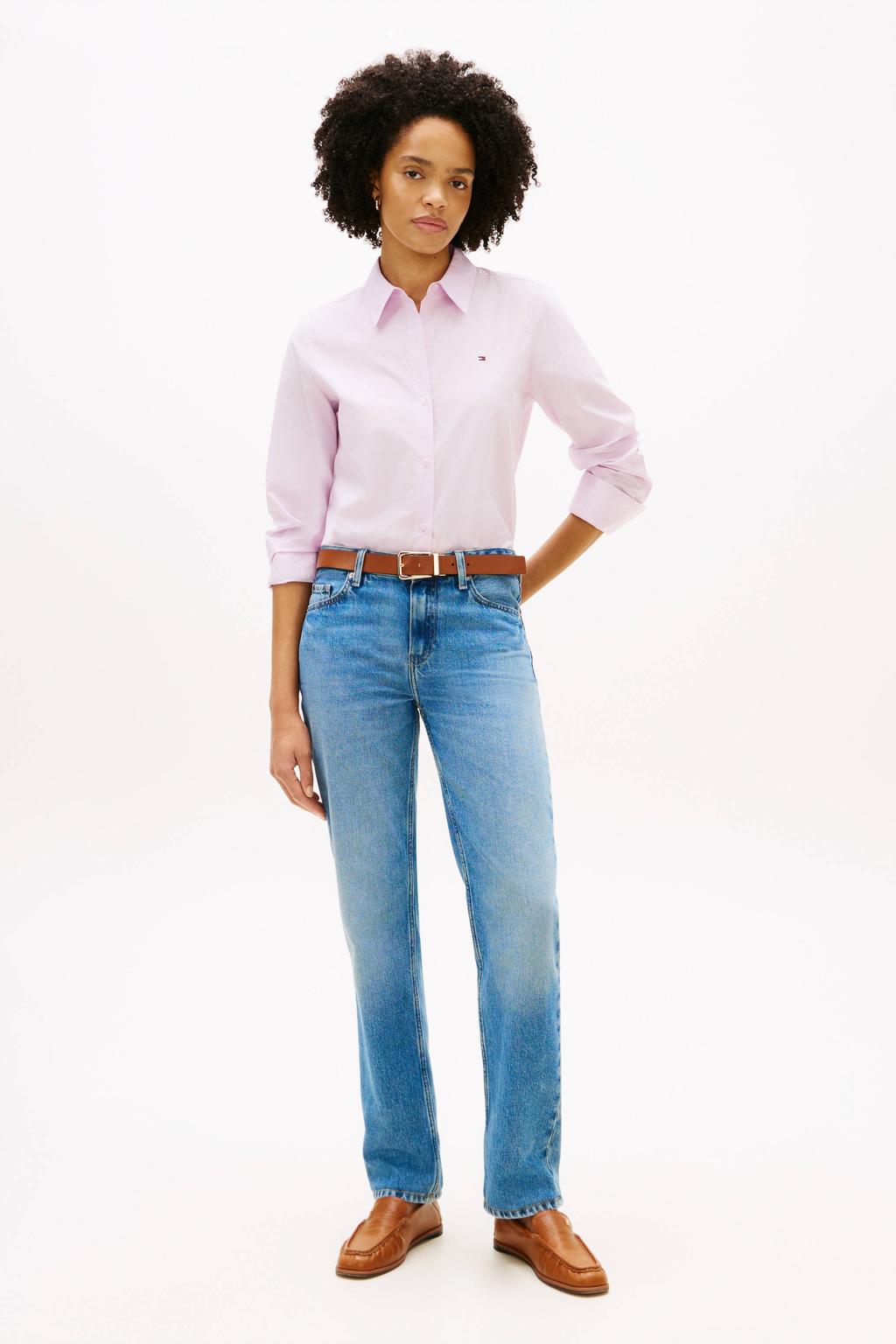 Lichtroze dames Tommy Hilfiger blouse van stretchkatoen met effen, lange mouwen, klassieke kraag, knoopsluiting en borduursels