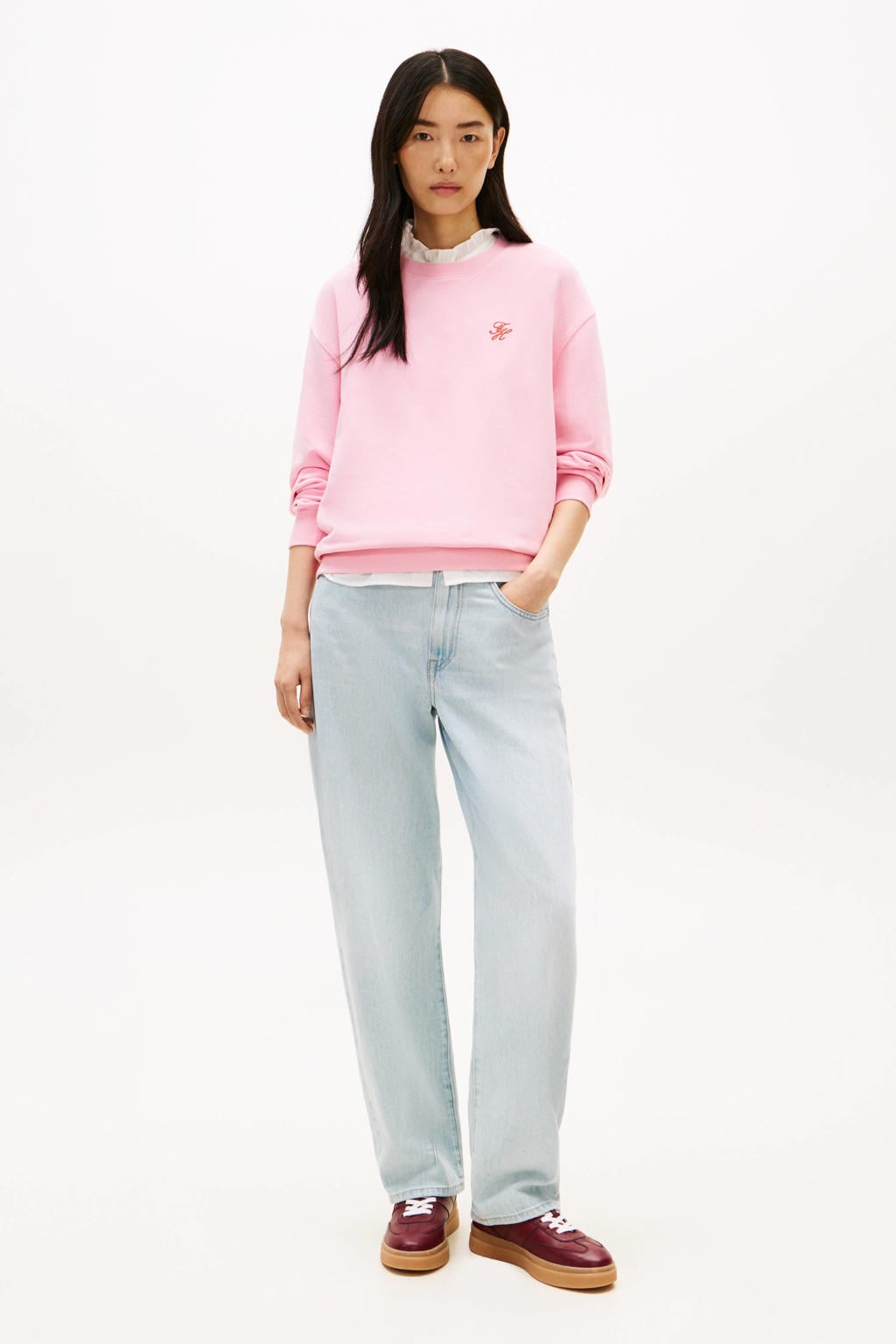 Roze dames Tommy Hilfiger sweater met effen, lange mouwen, ronde hals en borduursels