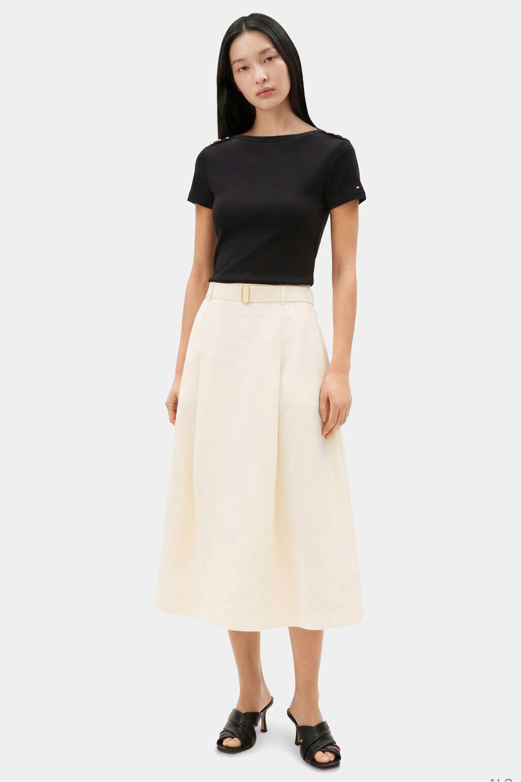 Zwarte dames Tommy Hilfiger T-shirt van katoen met effen, korte mouwen, ronde hals en sierknopen