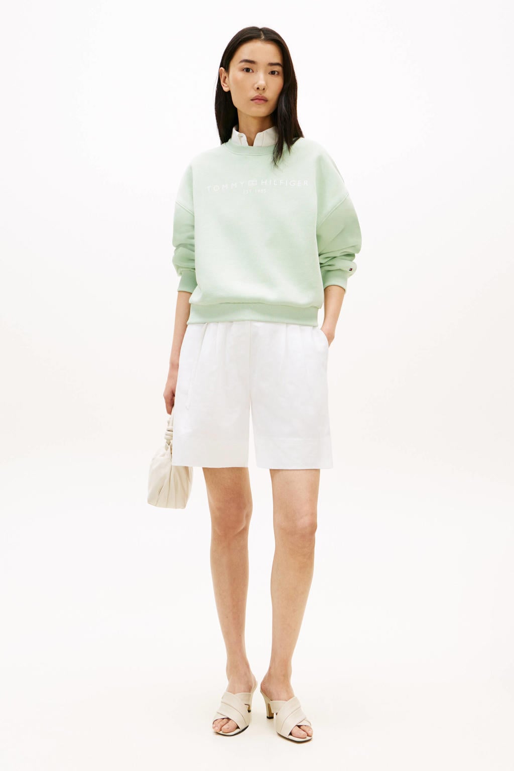 Lichtgroen en witte dames Tommy Hilfiger sweater van katoen met logo dessin, lange mouwen en ronde hals