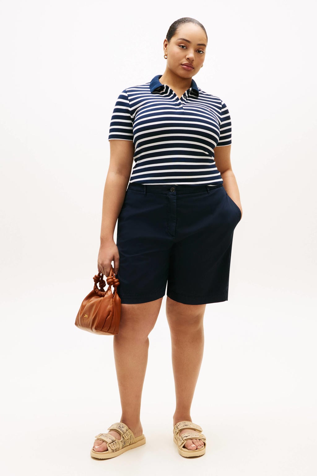 Marineblauw, marine en witte dames Tommy Hilfiger Curve gestreepte polo blauw van stretchkatoen met korte mouwen