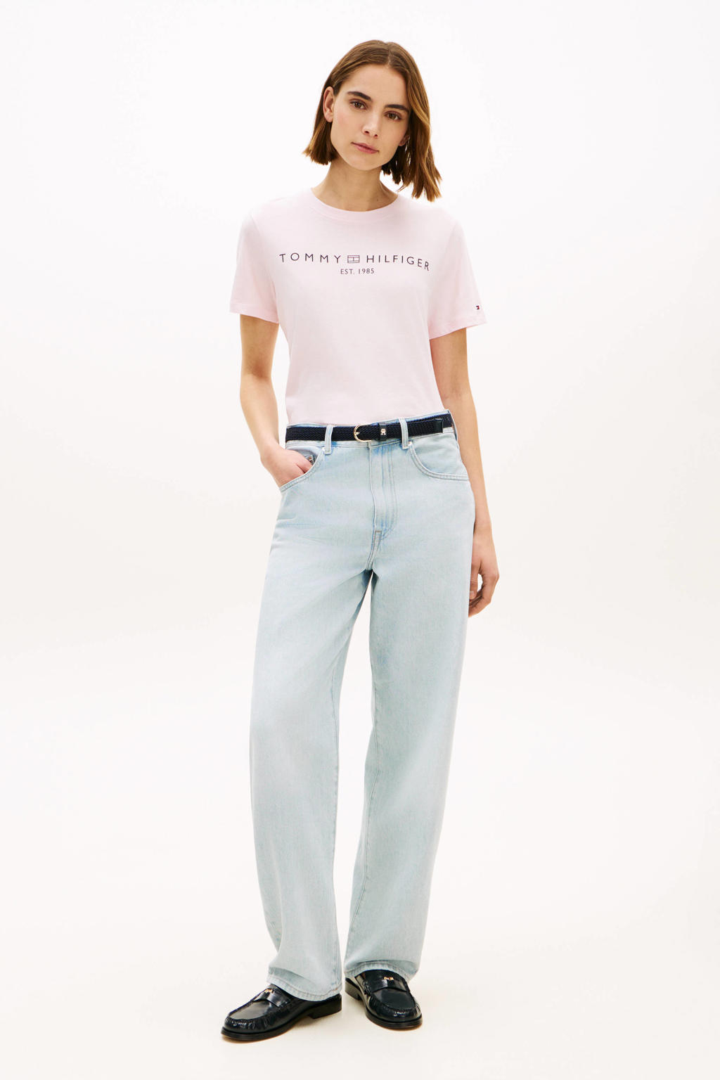 Lichtroze dames Tommy Hilfiger T-shirt van katoen met logo dessin, korte mouwen en ronde hals