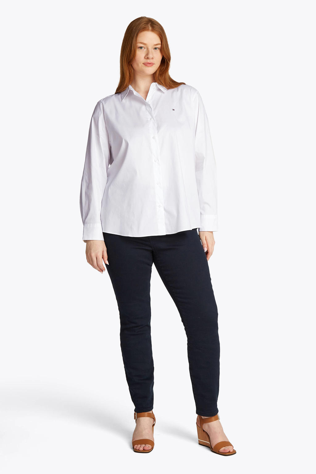 Witte dames Tommy Hilfiger Curve blouse van katoen met effen, lange mouwen, klassieke kraag en knoopsluiting