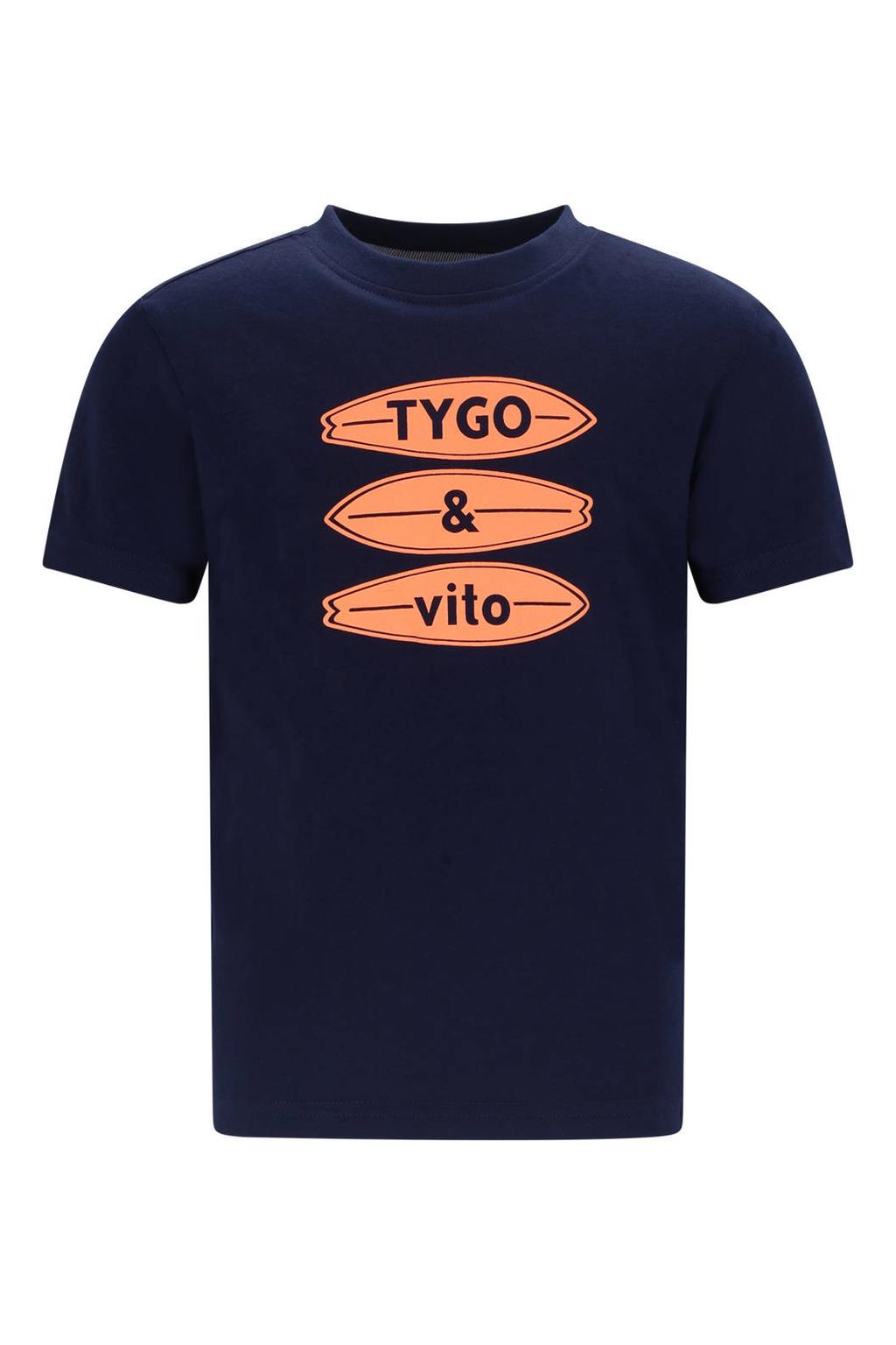 Donkerblauwe jongens TYGO & vito jersey T-shirt van katoen met korte mouwen, polo kraag en knoopsluiting