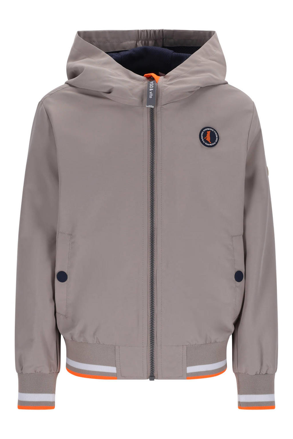 Zandkleurige jongens TYGO & vito jack van polyester met effen, lange mouwen, capuchon, rits met windvanger en elastische boord