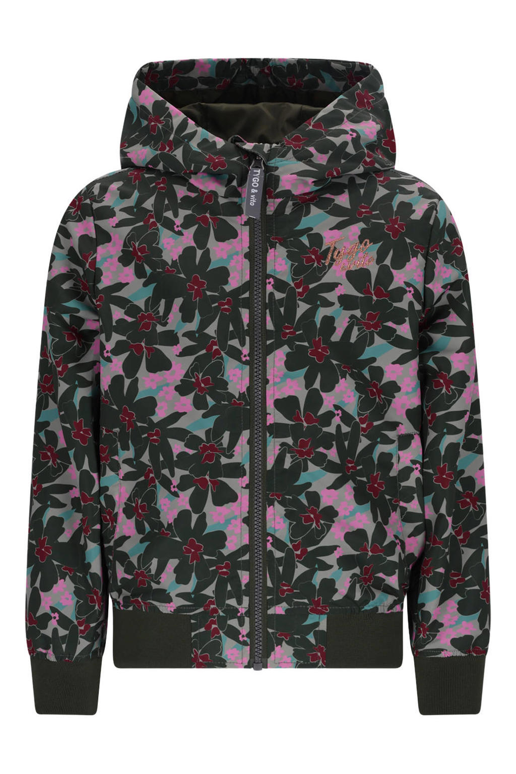 Olijfgroen en roze meisjes TYGO & vito jack van polyester met bloemenprint, lange mouwen, capuchon, rits met windvanger en geribde boorden