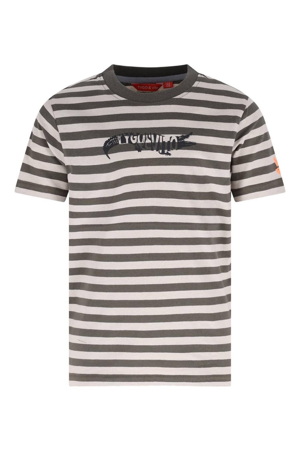Olijfgroene jongens TYGO & vito jersey gestreepte T-shirt van katoen met korte mouwen, ronde hals en elastische tailleband met koord