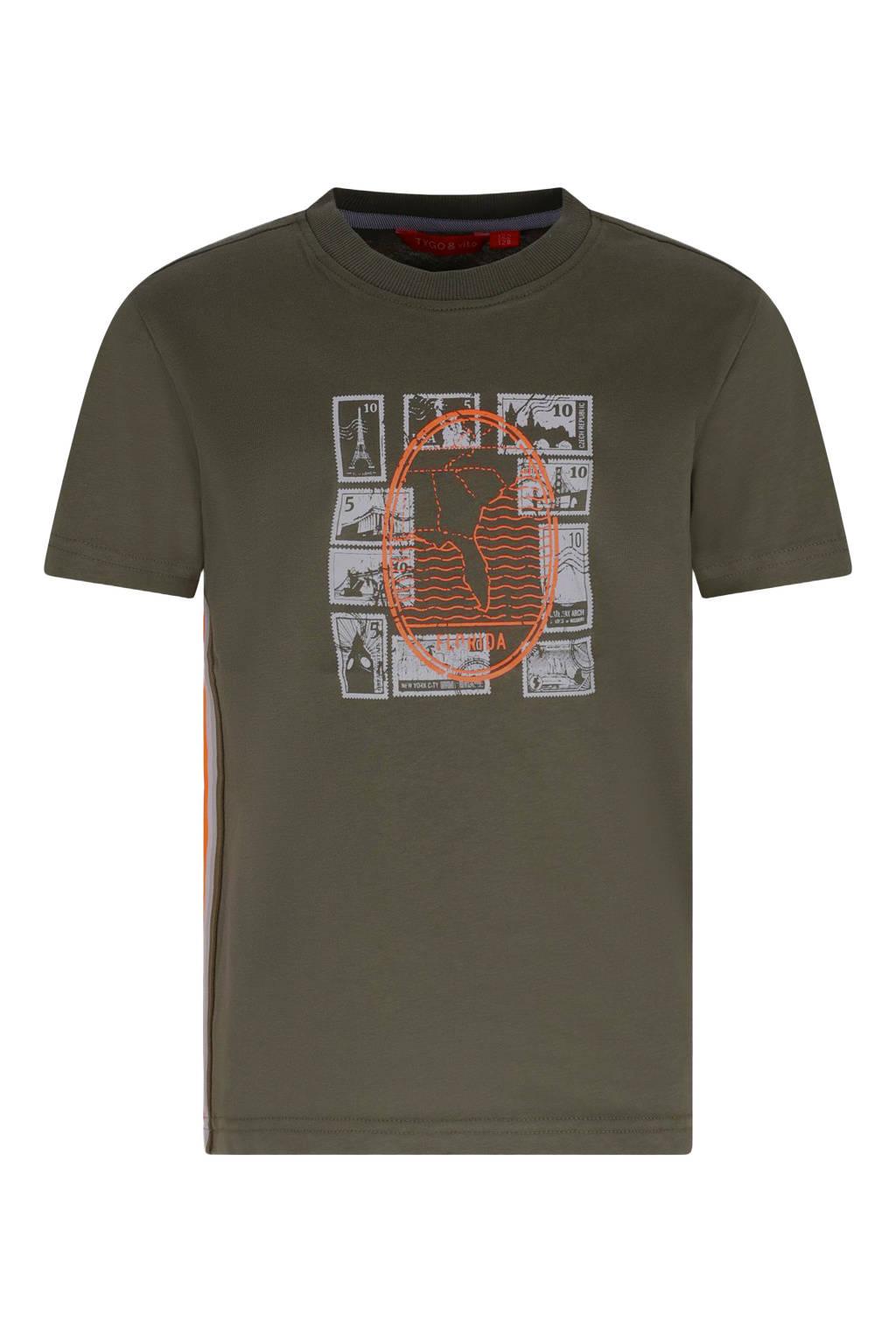 Olijfgroene jongens TYGO & vito jersey T-shirt van katoen met korte mouwen, ronde hals en contrast bies