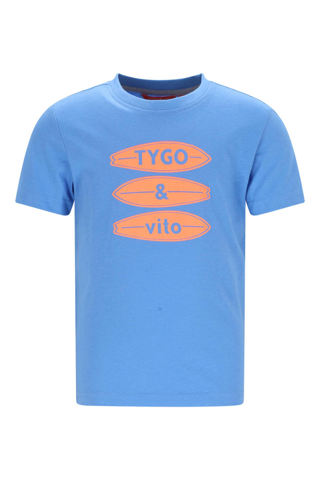 Lichtblauwe jongens TYGO & vito jersey T-shirt van katoen met korte mouwen, polo kraag en knoopsluiting