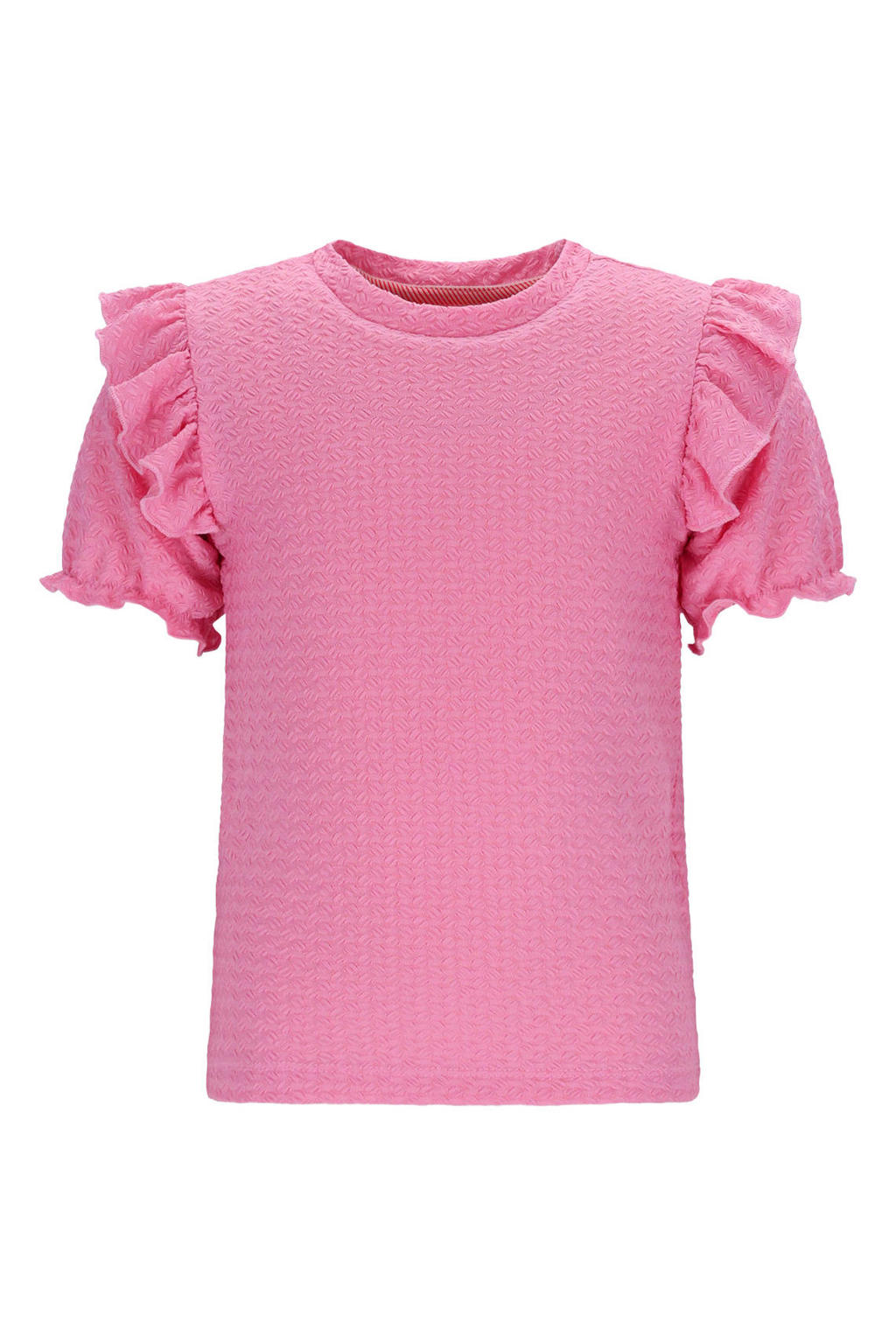 Roze meisjes TYGO & vito T-shirt van polyester met effen, korte mouwen, ronde hals en ruches