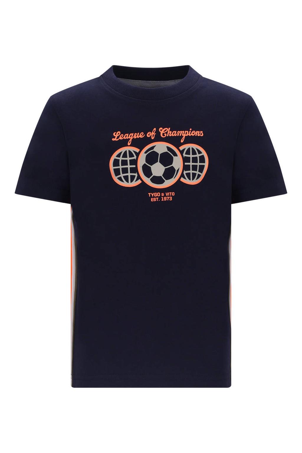 Donkerblauwe jongens TYGO & vito jersey T-shirt van katoen met korte mouwen, ronde hals en contrast bies