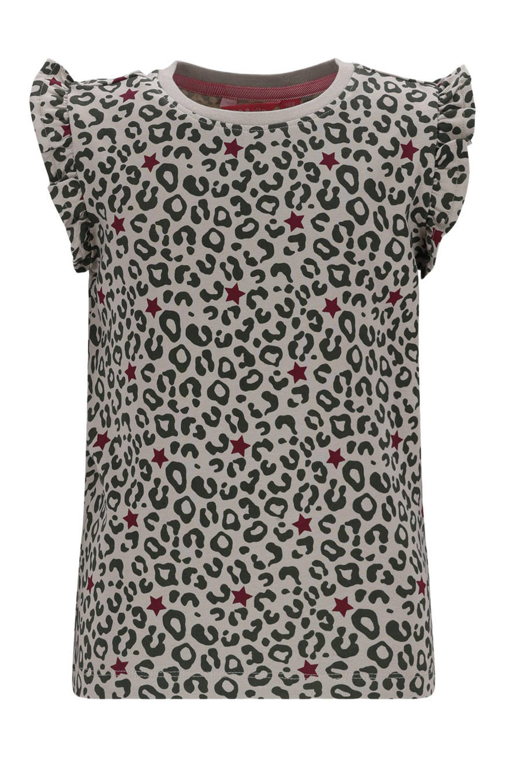 Zandkleurige meisjes TYGO & vito jersey T-shirt van katoen met dierenprint, korte mouwen, ronde hals en ruches