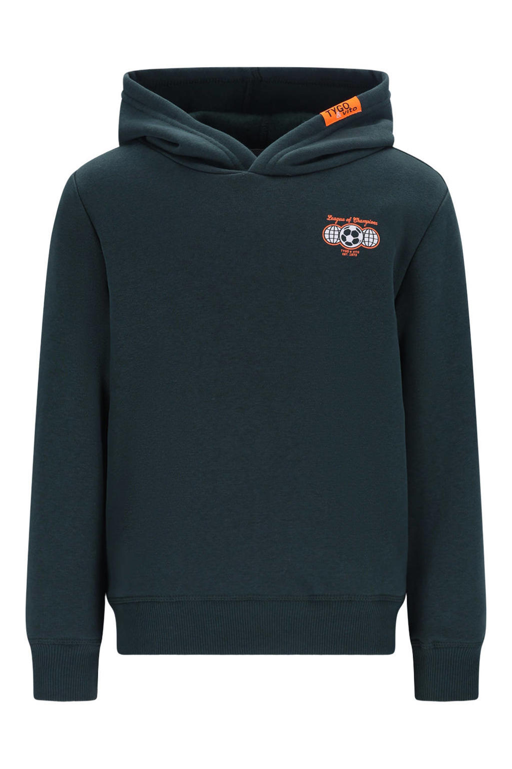 Donkergroene jongens TYGO & vito hoodie van sweat materiaal met backprint, lange mouwen en capuchon