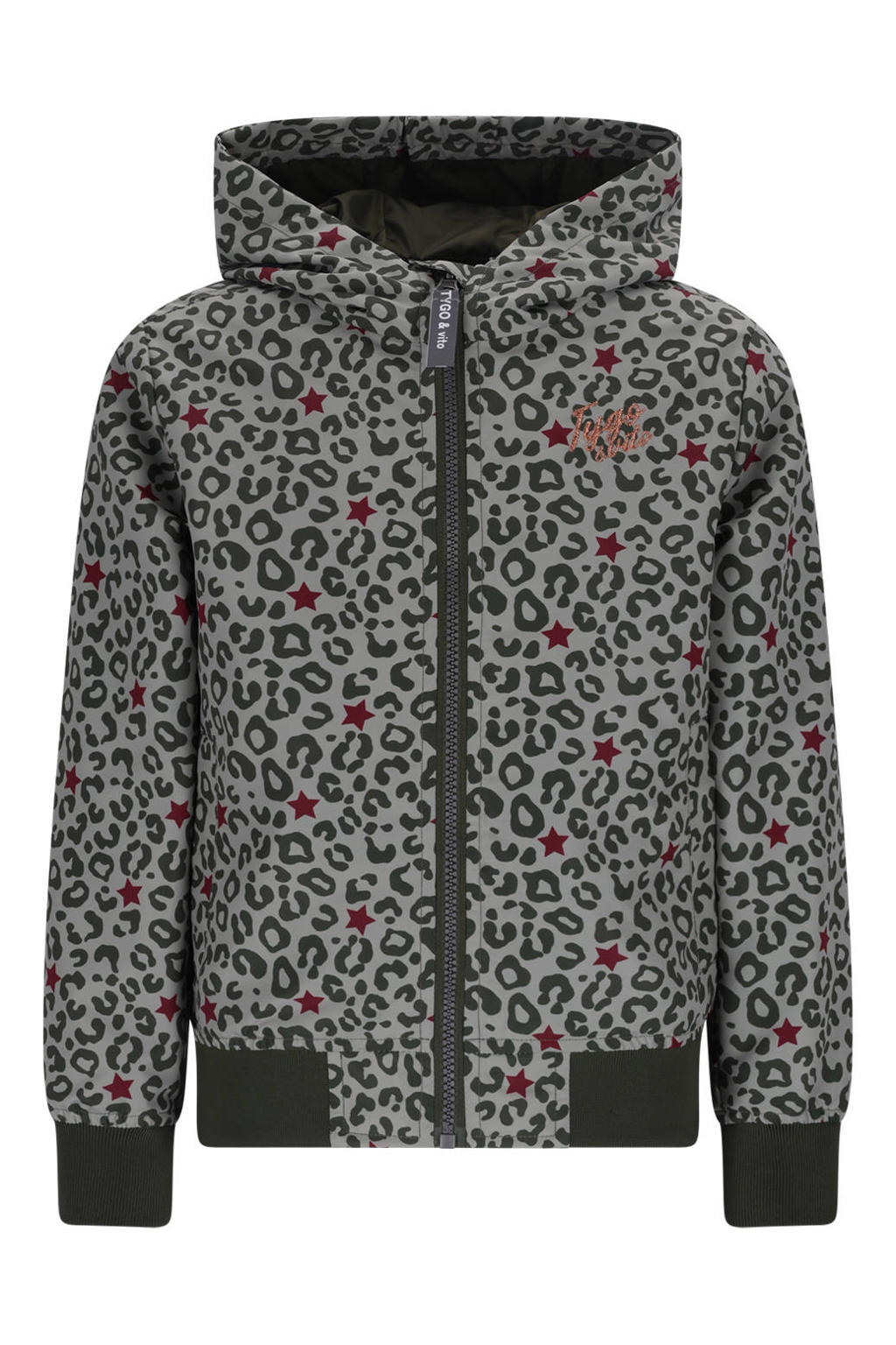 Grijsgroene meisjes TYGO & vito zomerjas groen van polyester met dierenprint, lange mouwen, capuchon, rits met windvanger en elastische boord