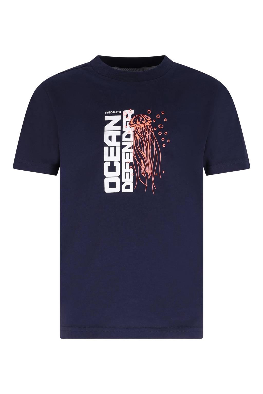 Donkerblauwe jongens TYGO & vito jersey T-shirt van katoen met korte mouwen en ronde hals