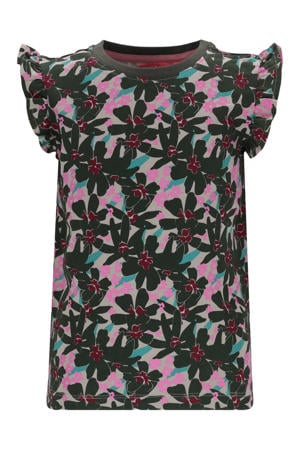 jersey gebloemde T-shirt olijfgroen