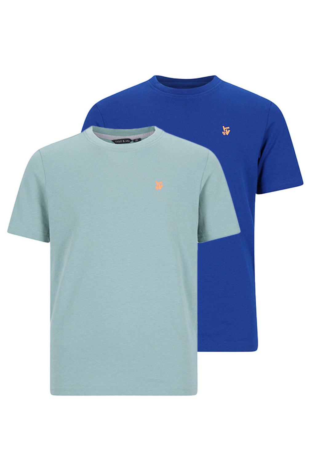 Set van 2 blauw en lichtblauwe jongens TYGO & vito T-shirt hardblauw van jersey met effen, korte mouwen en ronde hals