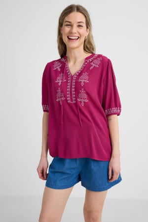 crinkle top met borduursel wijnrood