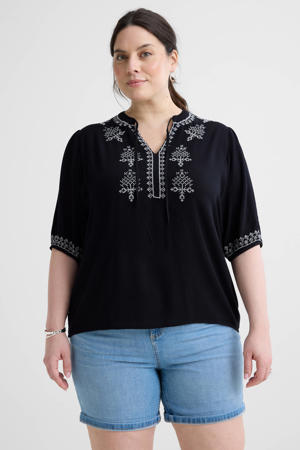 crinkle top met borduursel zwart