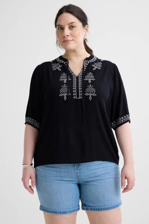 crinkle top met borduursel zwart
