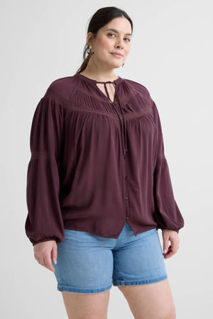 crinkle blouse met broderie-tapedetails bruin