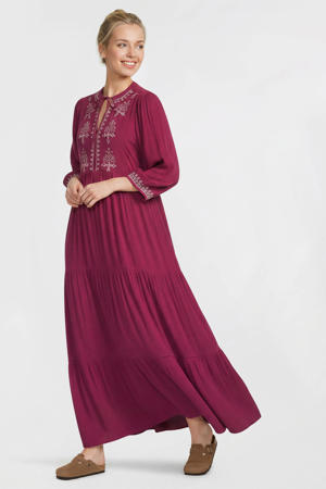 crinkle maxi jurk met borduursel wijnrood