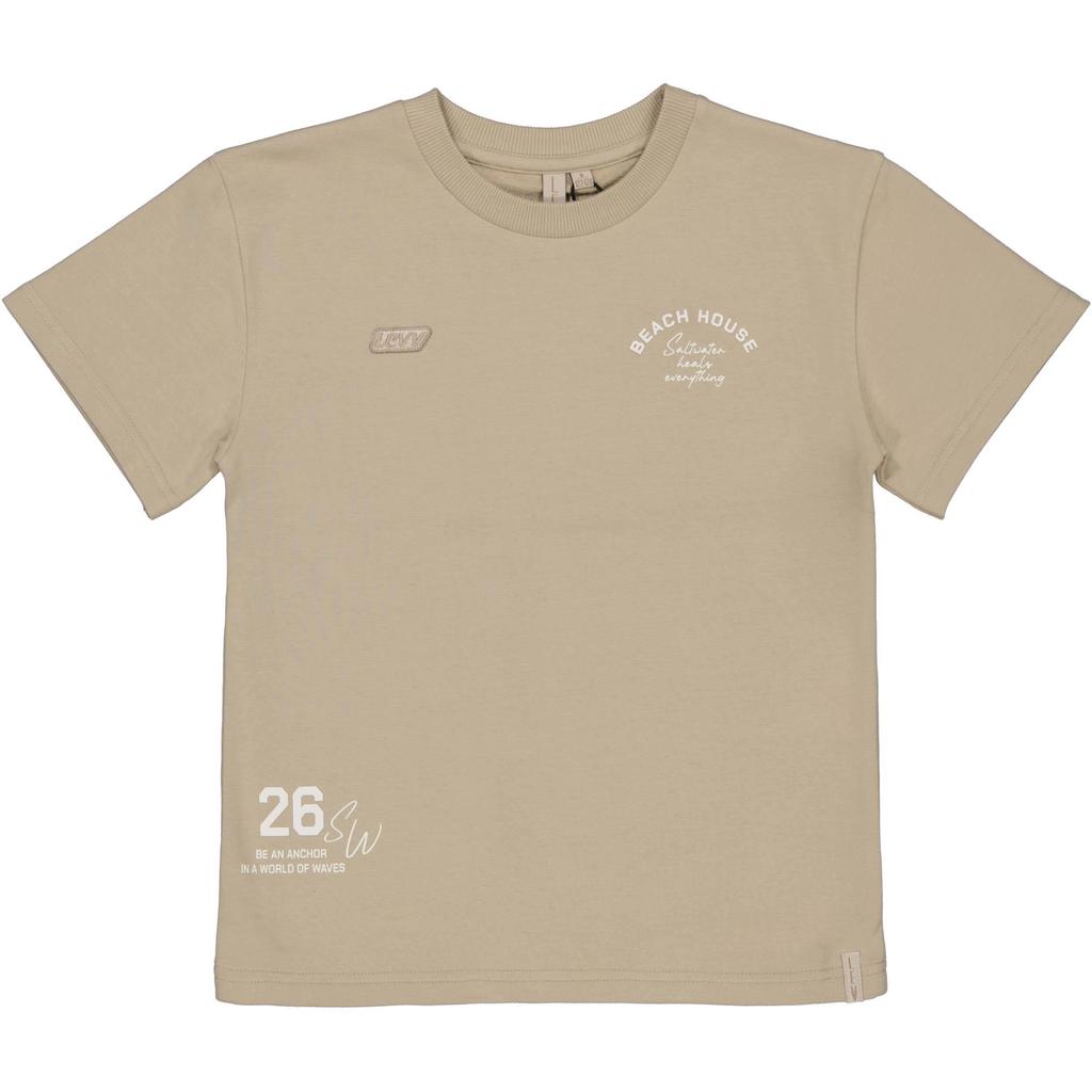 Zandkleurige jongens LEVV T-shirt van katoen met tekst print, korte mouwen en ronde hals