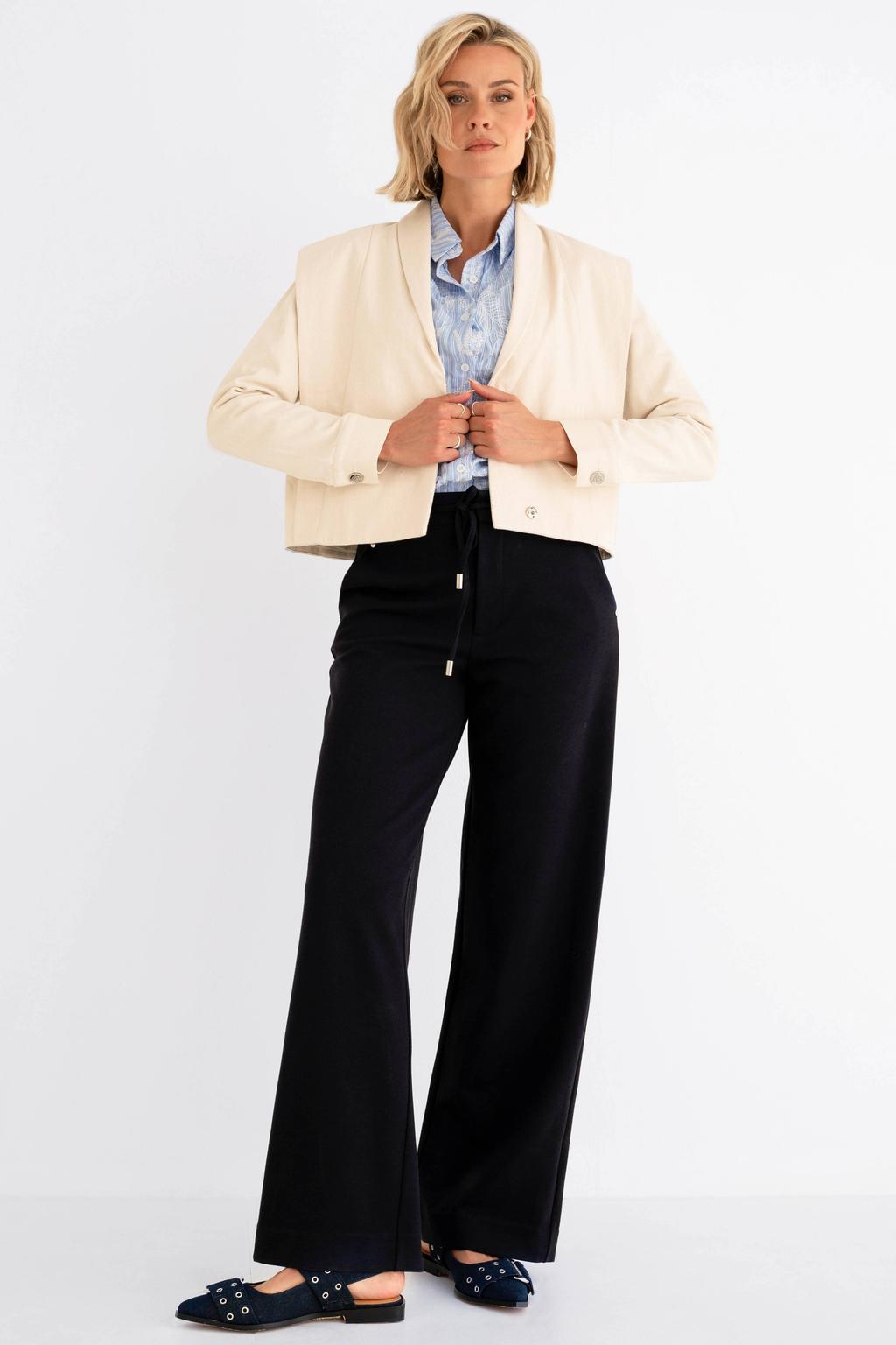 Donkerblauwe dames Maicazz & Zizo high waist broek van polyester met loose fit, elastische tailleband met koord en effen