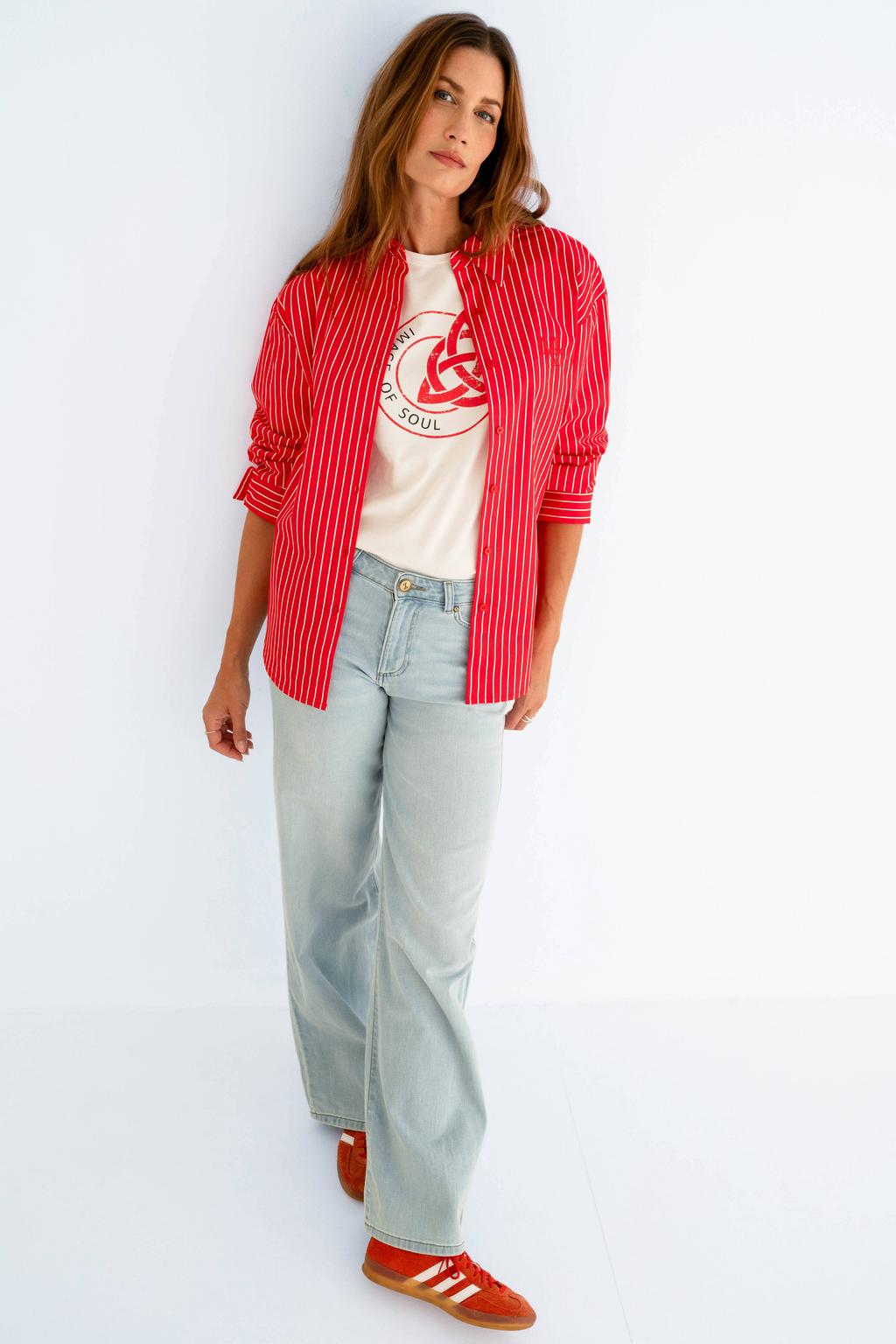 Rode dames Maicazz & Zizo gestreepte blouse van katoen met lange mouwen, klassieke kraag, knoopsluiting en borduursels