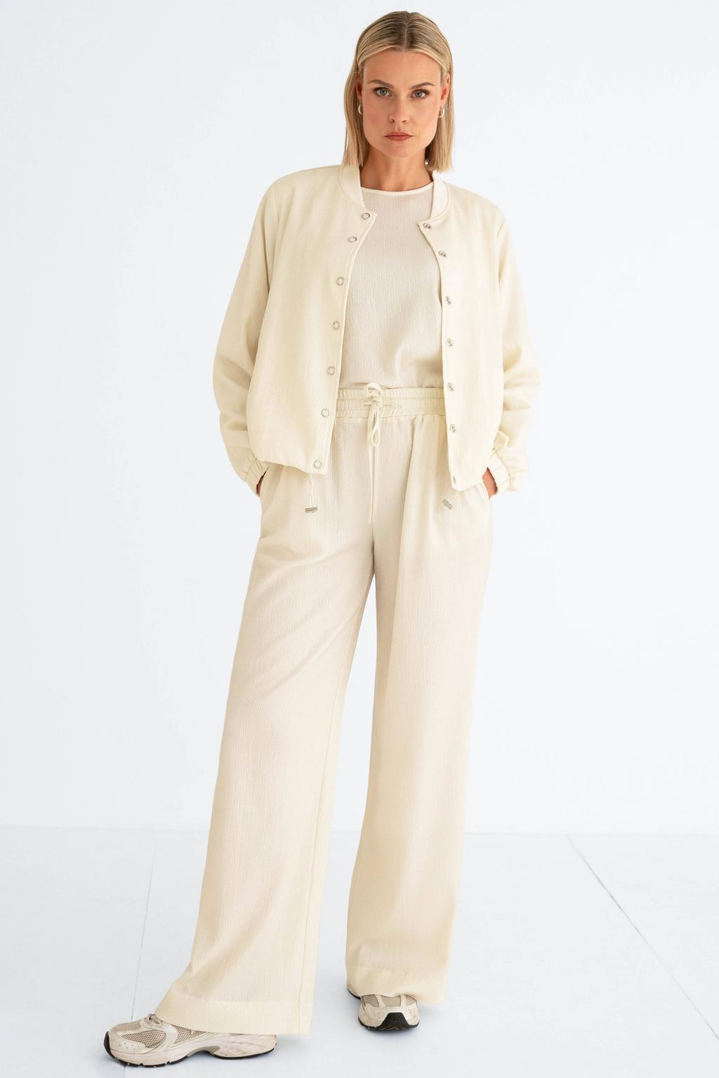 Beige dames Maicazz & Zizo straight high waist casual broek van polyester met elastische tailleband met koord en effen