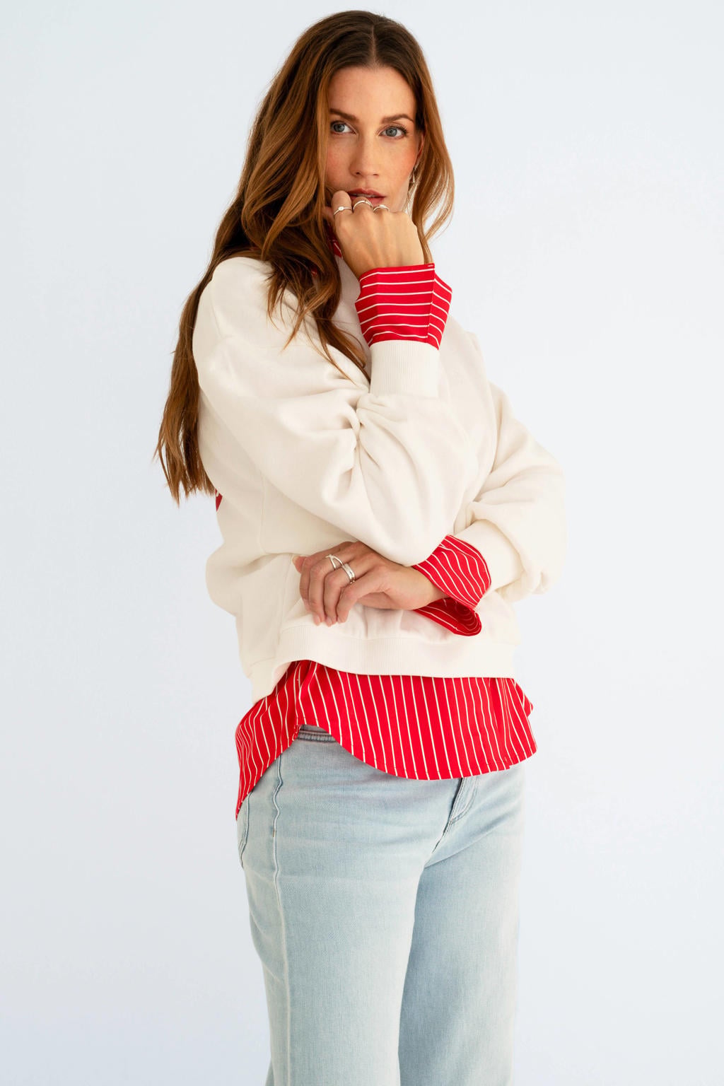 Ecru dames Maicazz & Zizo sweater van katoen met effen, lange mouwen, V-hals en elastische boord