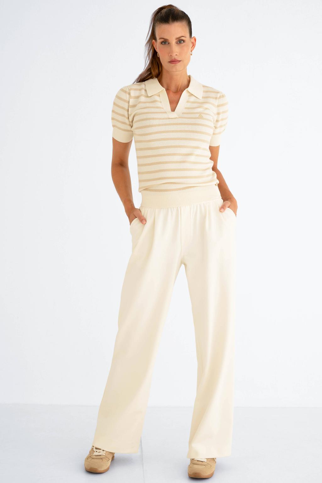 Ecru en beige dames Maicazz & Zizo gestreepte top van viscose met korte mouwen en polo kraag