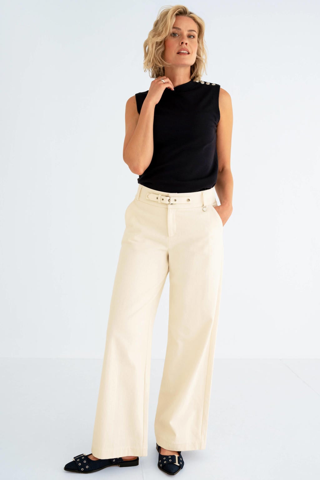 Beige dames Maicazz & Zizo wide leg high waist broek van viscose met rits- en haaksluiting en effen