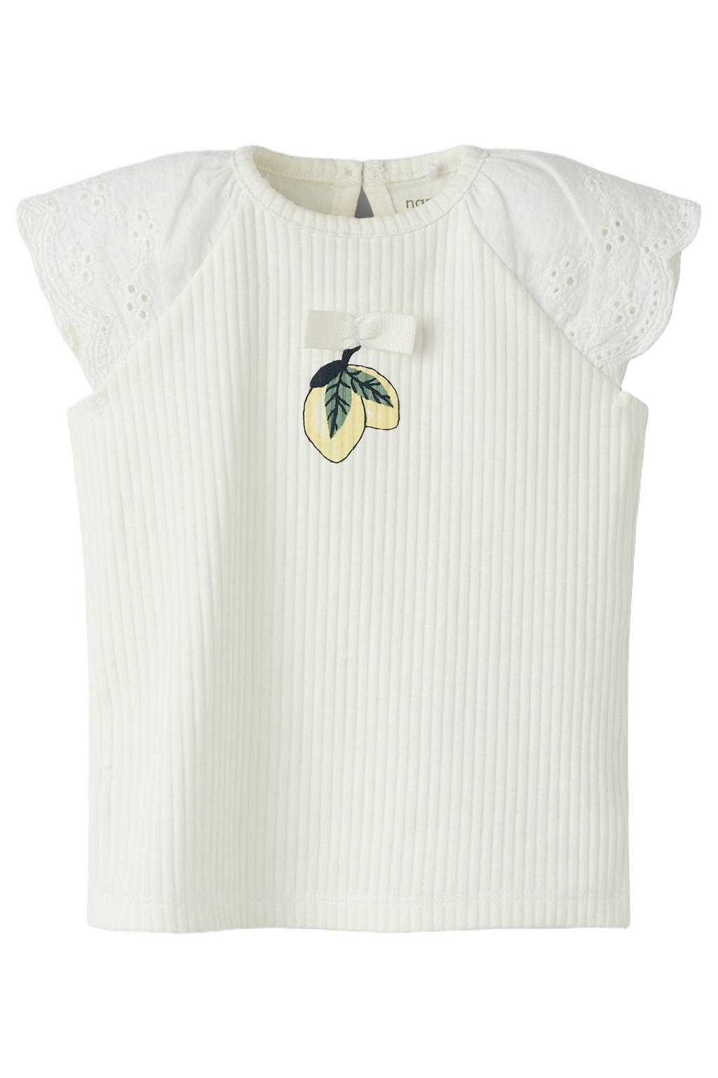 Ecru meisjes NAME IT BABY T-shirt broderie van katoen met printopdruk, korte mouwen, ronde hals en knoopsluiting