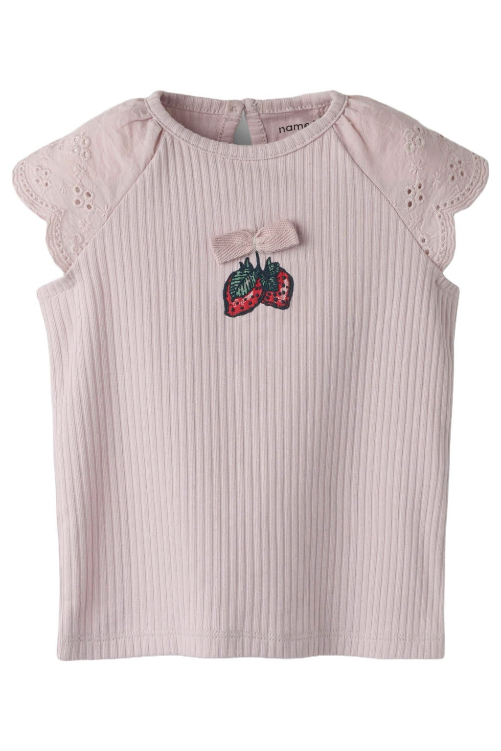 Roze meisjes NAME IT BABY T-shirt broderie van katoen met printopdruk, korte mouwen, ronde hals en knoopsluiting