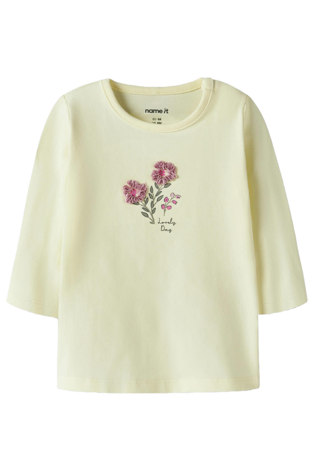 Gele meisjes NAME IT BABY T-shirt van katoen met printopdruk, half lange mouwen, ronde hals en 3D applicatie